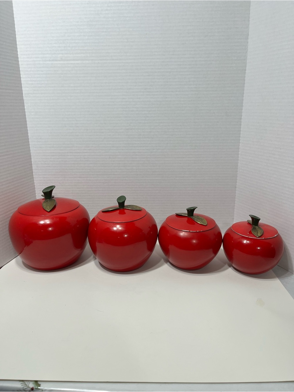 VINTAGE mid century aluminum and brass apple canister set kitschy retro 1960